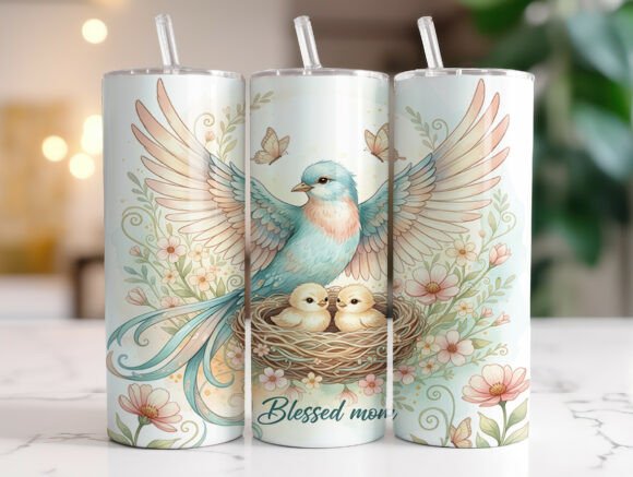 Blessed Mom Bird Nest Floral Graphics for Tumbler Wraps