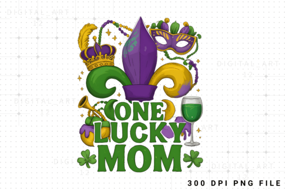 One Lucky Mom Mardi Gras PNG: Graphics for T-Shirt Designs
