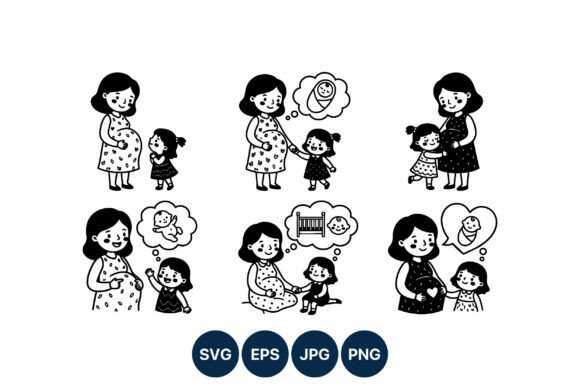 Pregnant Mom and Daughter Vector Line Review